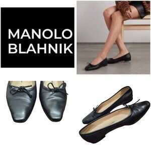 Manolo Blahnik black leather calfskin ballet flats with bows Size EU 38.5